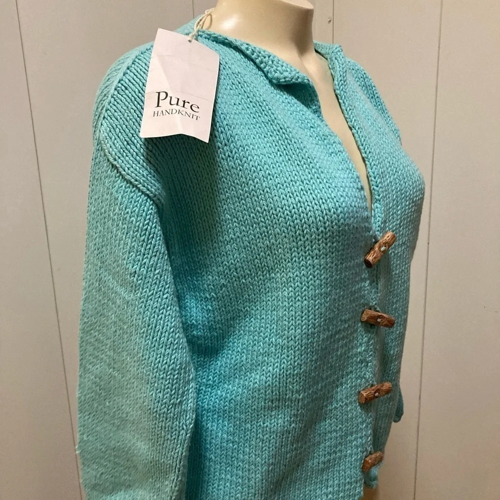 PURE HANDKNIT turquoise w/front wooden buttons 100%cotton cardigan  MED NWT